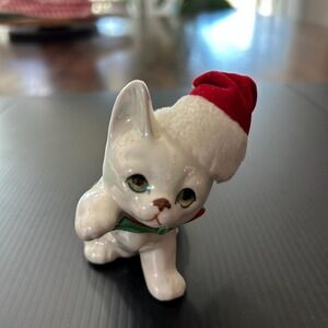 Vintage Enesco Christmas Kitten Figurine White Iridescent